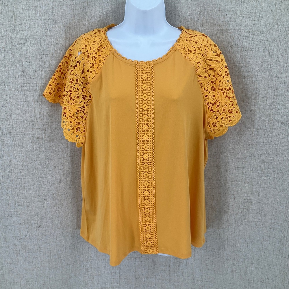 Cable & Gauge Blouse Womens XL Yellow Crochet Lace Short Sleeve Boho Preppy Top